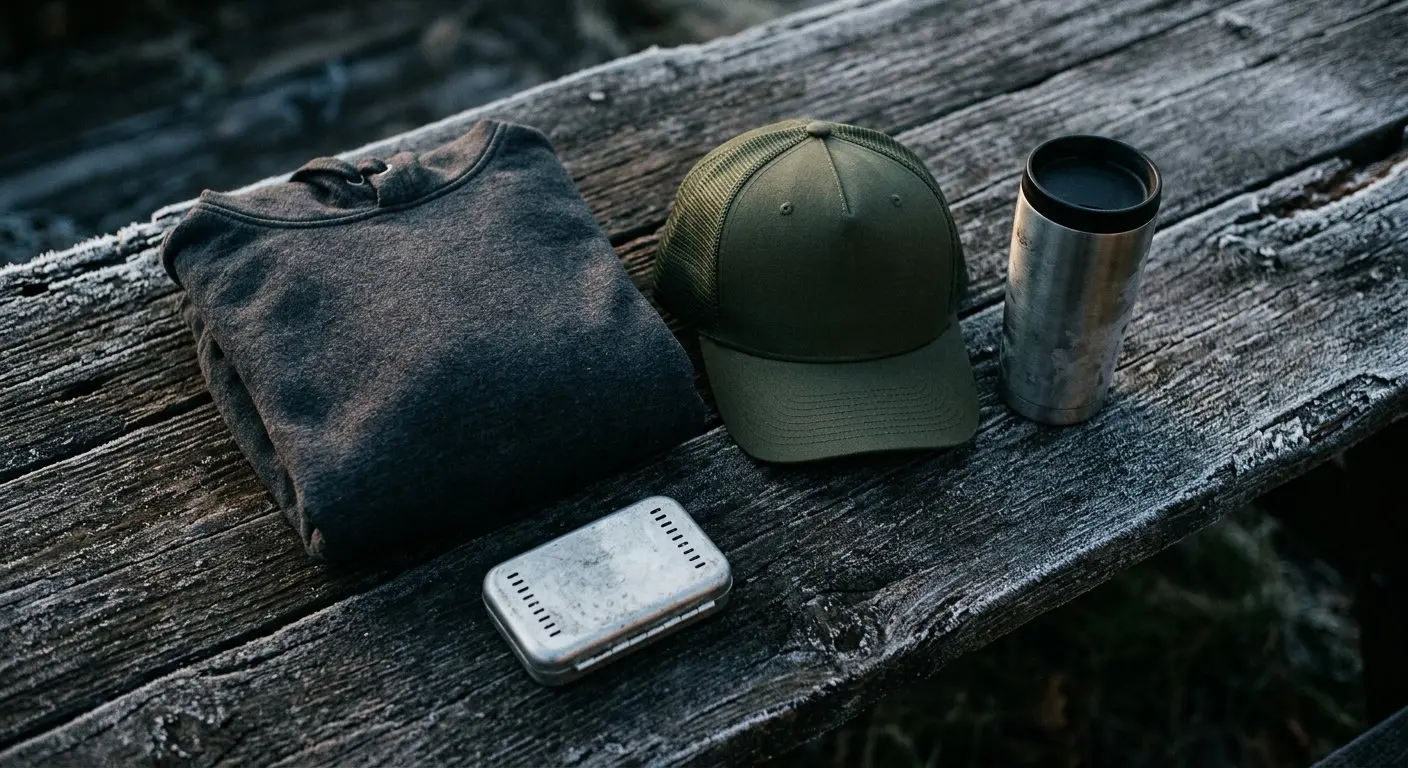 Steelhead Alley Pod hoodie, trucker hat, and tumbler laid out on weathered wood